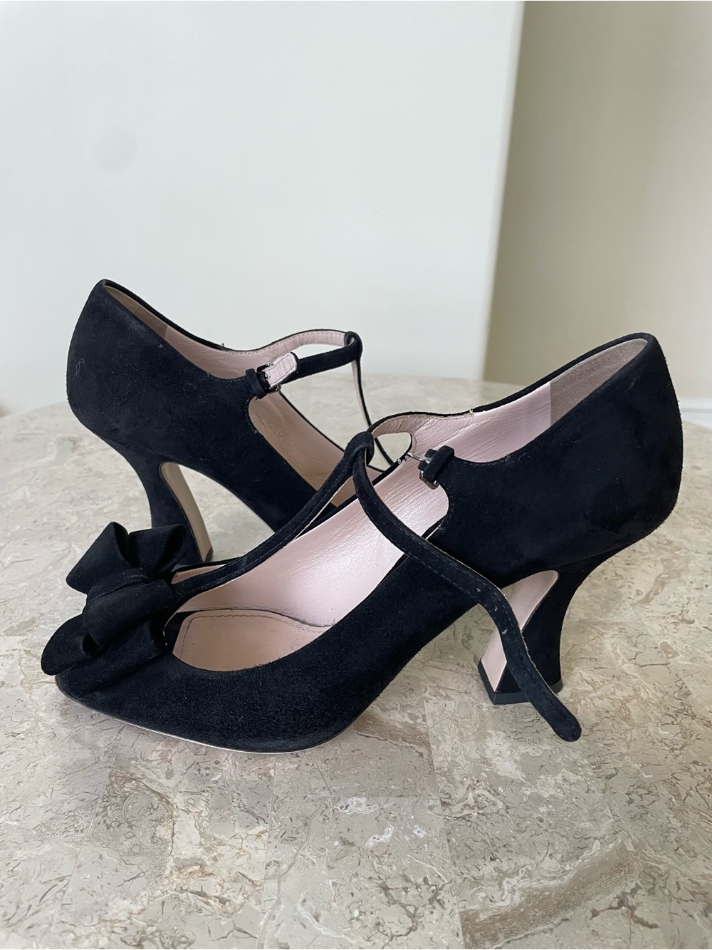 Miu Miu Black Suede T-Strap Heels with Bow Accent